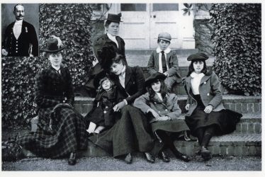 Julian Gribble in his mothers arms on the steps of Henlow Grange | The future Mrs Phyllis Fordham on the left